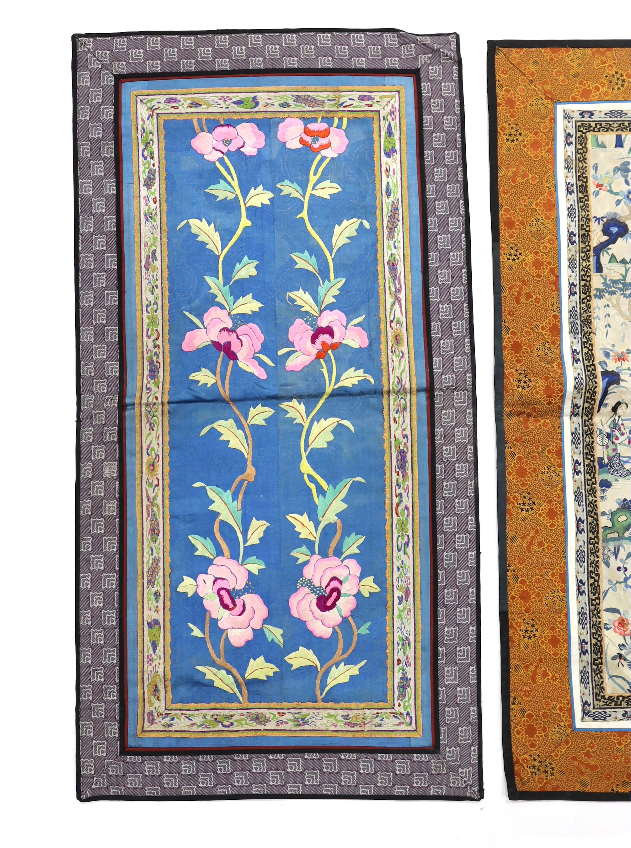 Four pairs of Chinese sleeve bands, two embroidered with figures on cream silk, a pair of floral embroidered on gold silk and the other polychrome flowers on blue silk, three with brocade borders, two largest 69cm high x